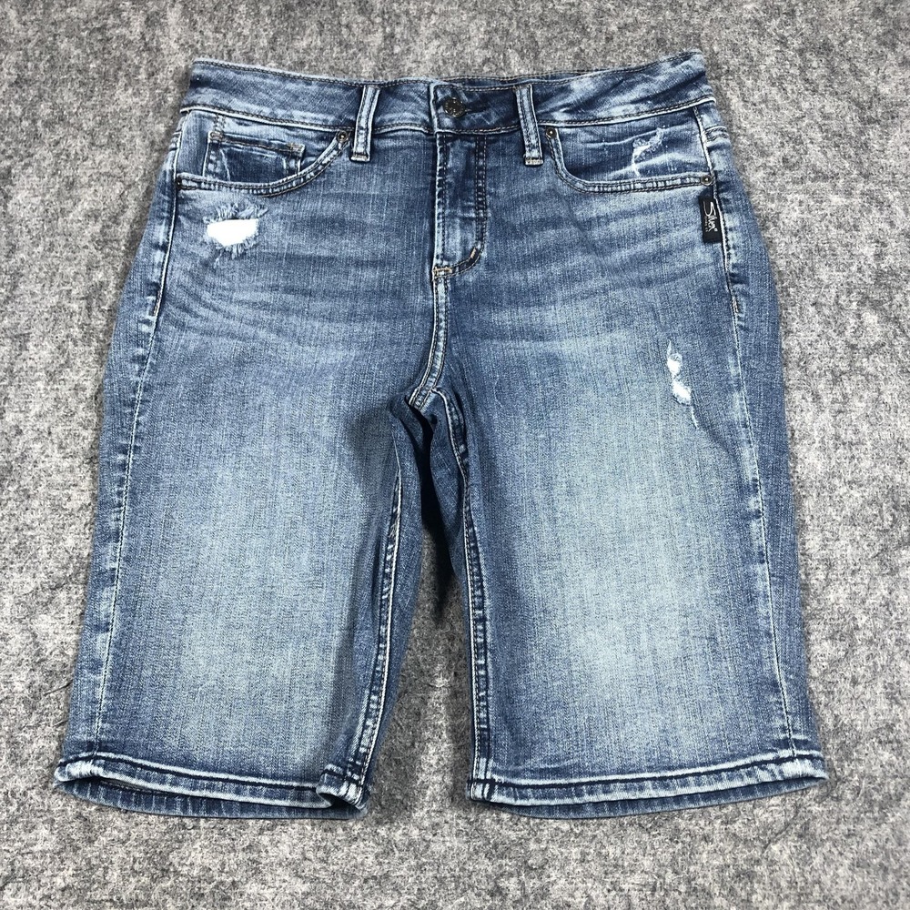 Silver Jeans Co Avery Bermuda Shorts Womens 29 Blue Denim Distressed Stretch